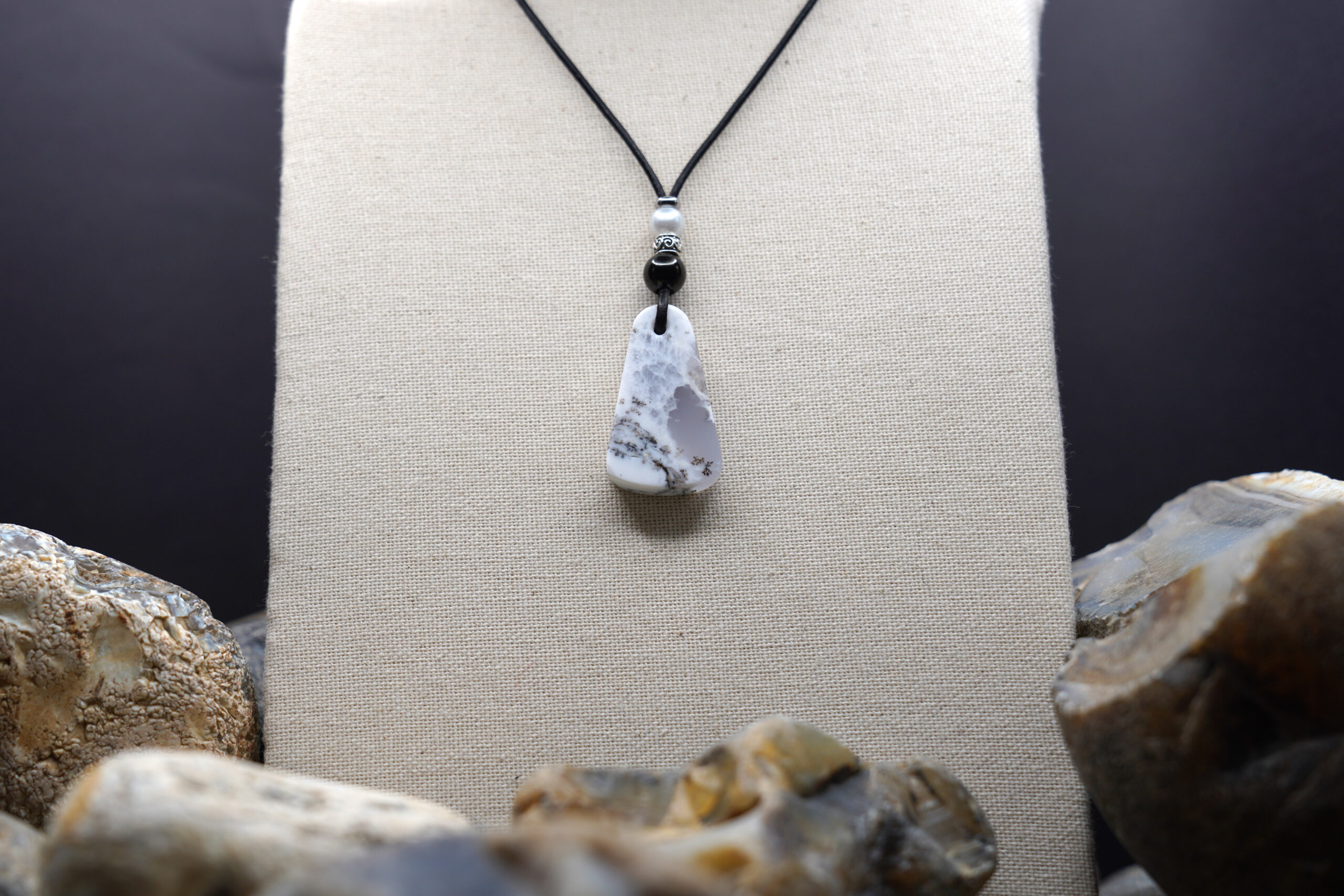 Dendritic Opal necklace DO-130 — necklace on display