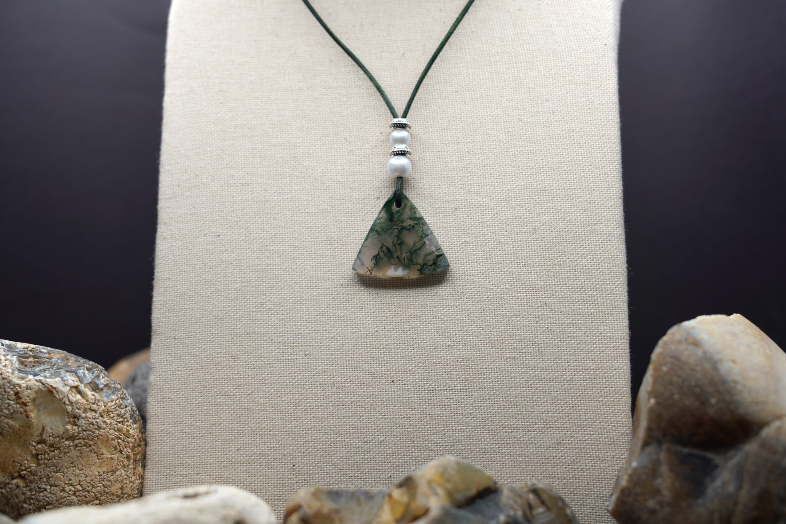Green Moss Agate necklace GMA-129 — necklace on display