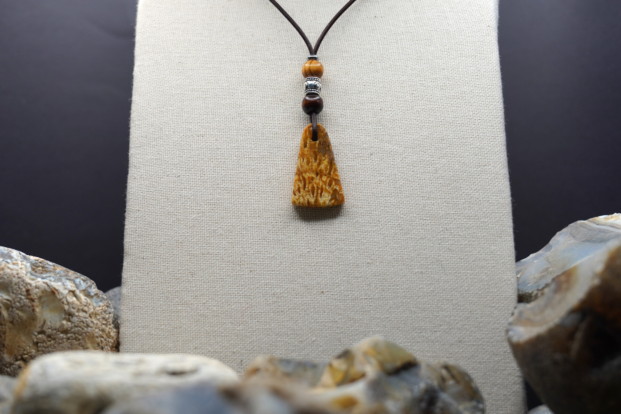 Indonesian Agatized Coral necklace IAC-132 — necklace on display